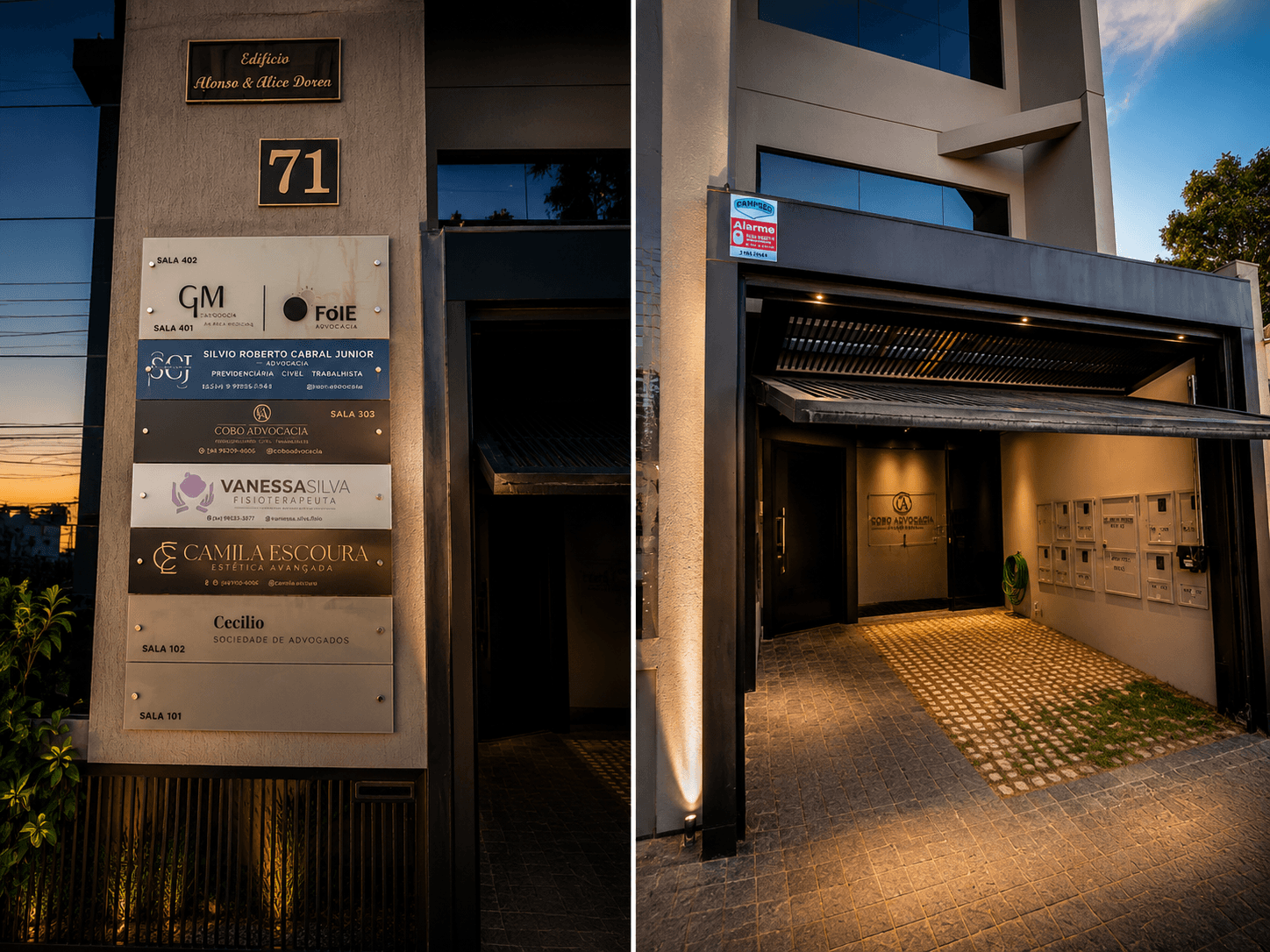 Entrada do Edifício Afonso e Alice Dorea, número 71, com identificação da COBO Advocacia